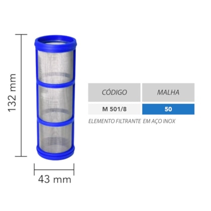 ELEMENTO FILTO INOX 43 X 132MM MALHA 50 AZUL  S/ ANEL MAGNOJET M501/8