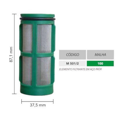 ELEMENTO FILTRO INOX 37,5 X 87,1MM MALHA 100 VERDE C/ 1 ANEL MAGNOJET M501/2
