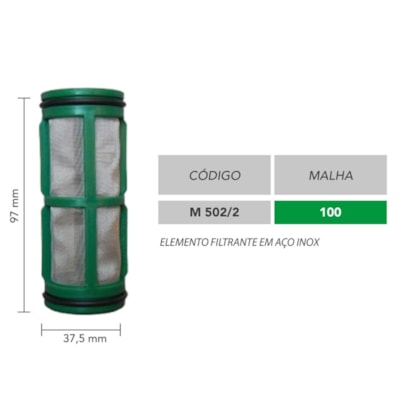 ELEMENTO FILTRO INOX 37,50 X 97MM MALHA 100 VERDE C/ ANEIS MAGNOJET M502/2