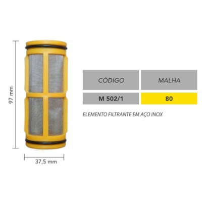 ELEMENTO FILTRO INOX 37,50 X 97MM MALHA 80 AMARELO C/ ANEIS MAGNOJET M502/1