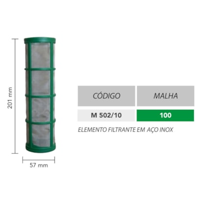 ELEMENTO FILTRO INOX  57 X 201MM MALHA 100 VERDE S/ ANEIS MAGNOJET M502/10