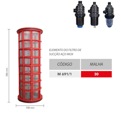 ELEMENTO FILTRO OCTUPLO INOX 108 X 286MM MALHA 30 VERMELHO MAGNOJET M691/1