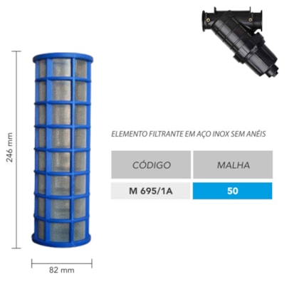 ELEMENTO FILTRO OCTUPLO INOX 82 X 246MM MALHA 50 AZUL S/ ANEIS MAGNOJET M695/1A