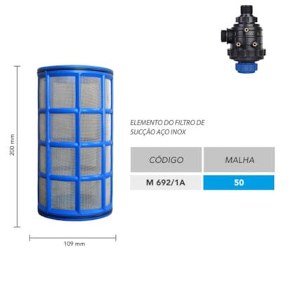 ELEMENTO FILTRO SUCCAO INOX 109 X 200MM MALHA 50 AZUL MAGNOJET M692/1A